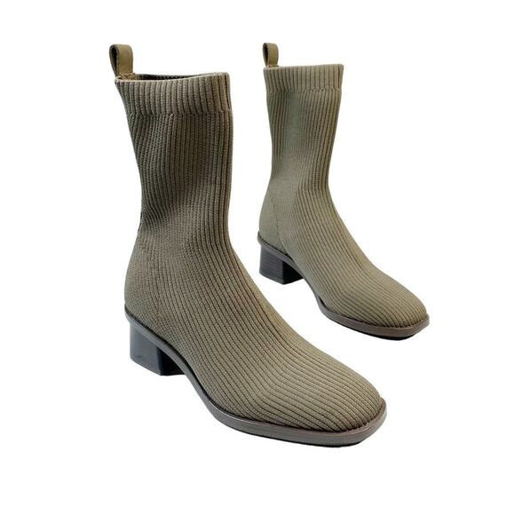 EVERLANE The High Ankle Glove Knit Heeled Square Toe Boots in Caper Green
